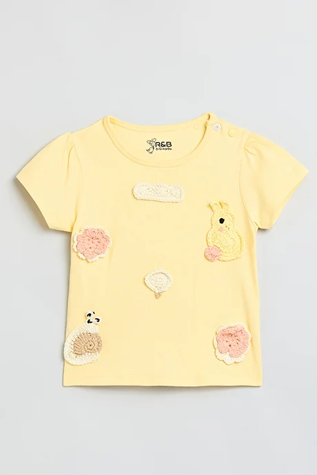R&B Appliqued T-Shirt with Crew Neck and Short Sleeves