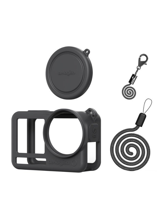 aMagisn لـ DJI Action 6 غطاء سيليكون لحماية الكاميرا، غطاء كامل للجسم مع فتحات دقيقة، حامل سريع التركيب، حبال عنق ومضادة للسقوط (أسود) - Image 1