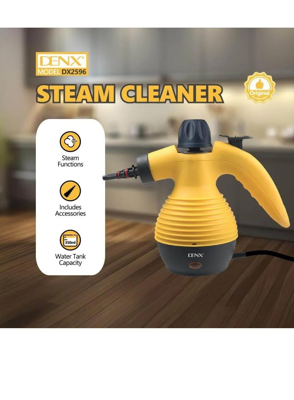 DENX Handheld Steam Cleaner 1200W 350ml Water Tank Capacity Multifunctional High Temperature Steam Cleaner with 9 Accessories Suitable for Kitchen Sofa Bathroom Window