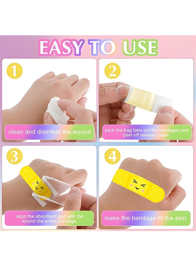 ٨٠ قطعة من ضمادات الأطفال الكرتونية (٥ ألوان، ١٠ قطع من كل لون)، ضمادات لاصقة لطيفة على شكل رموز تعبيرية مبتسمة للأطفال، ضمادات إسعافات أولية لطيفة على البشرة، قابلة للتهوية، ومقاومة للماء للجروح والخدوش الطفيفة - Image 5