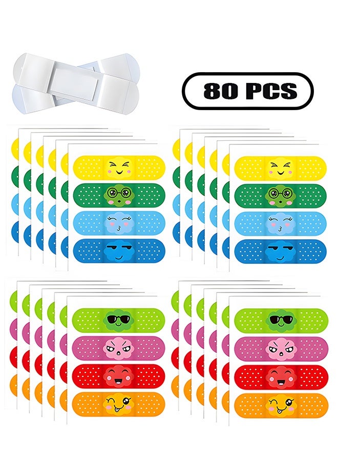 ٨٠ قطعة من ضمادات الأطفال الكرتونية (٥ ألوان، ١٠ قطع من كل لون)، ضمادات لاصقة لطيفة على شكل رموز تعبيرية مبتسمة للأطفال، ضمادات إسعافات أولية لطيفة على البشرة، قابلة للتهوية، ومقاومة للماء للجروح والخدوش الطفيفة - Image 1