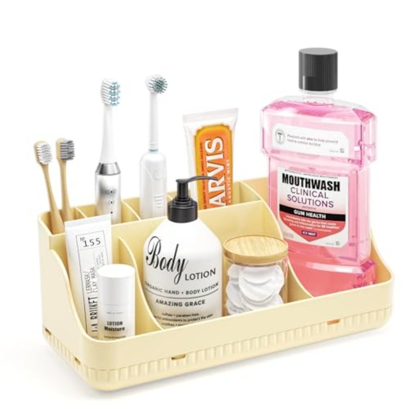 Bathroom Counter Organizer and Storage, 7 Slots Detachable Toothbrush Holders for Bathrooms, Anti-Slip Electric Toothbrush and Toothpaste Holder Countertop Vanity Organizer Accessories for Adults