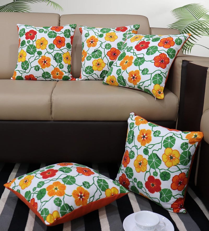 AIRWILL Cotton Green Orange Flower Themed Cushion Covers for Cushions Pillows Red Yellow Pack of 5