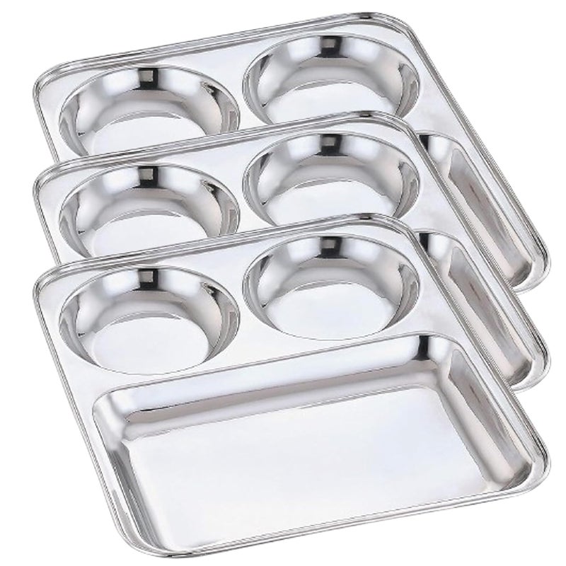 Expresso Stainless Steel 3 in 1 Pav Bhaji Plate | Three Compartment Dinner Plate| Set of 3 Pieces_Big Size - Image 1