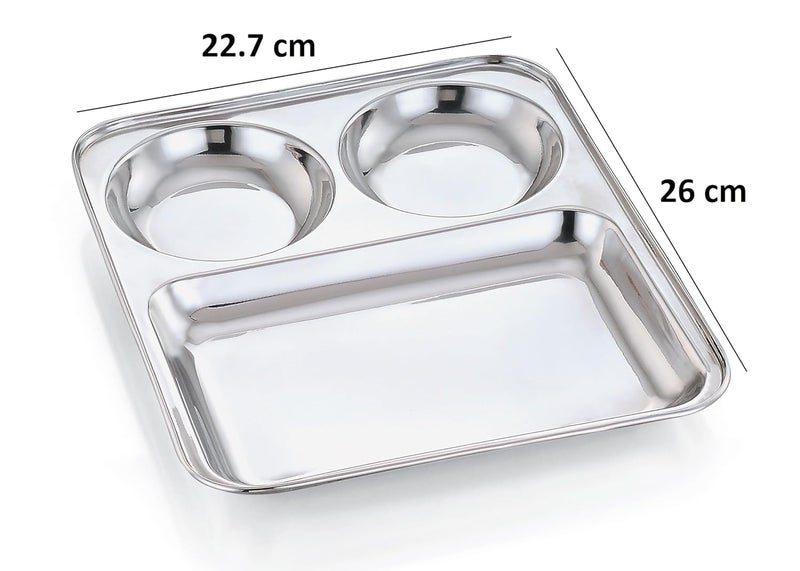 Expresso Stainless Steel 3 in 1 Pav Bhaji Plate | Three Compartment Dinner Plate| Set of 3 Pieces_Big Size - Image 2