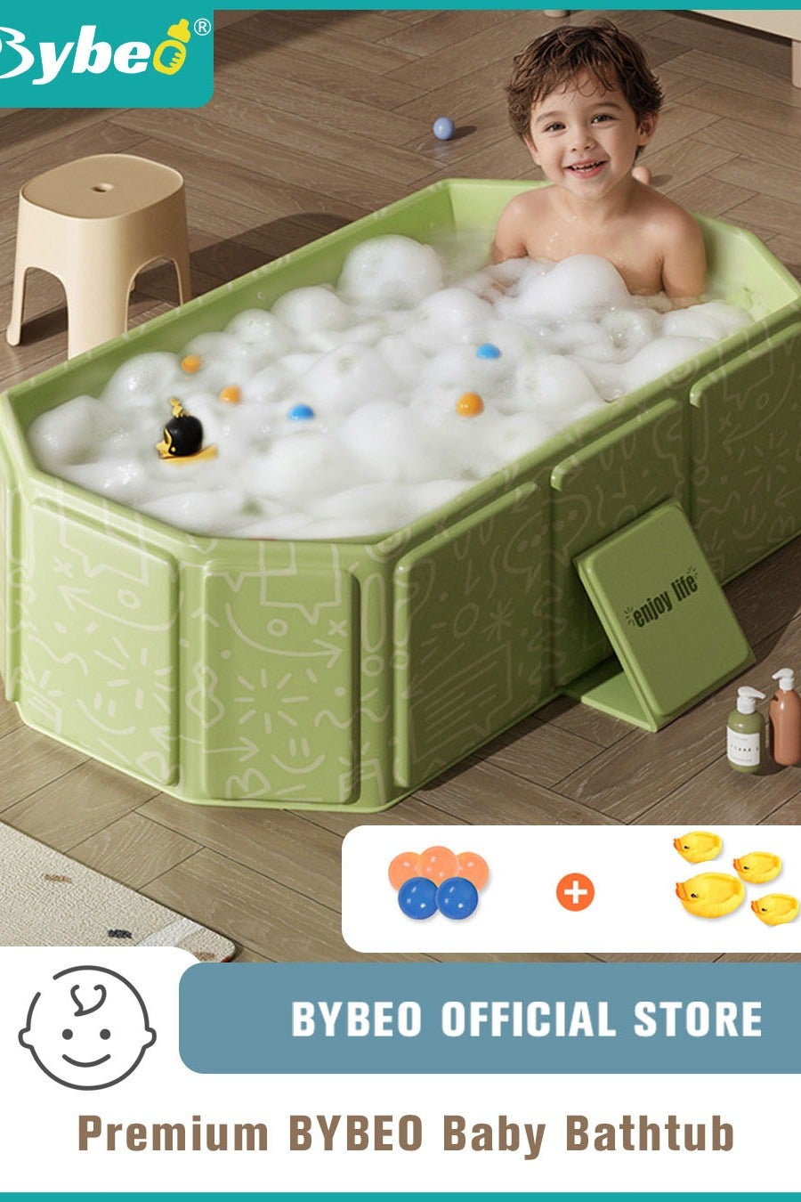 Bybeo Baby Bath Tub, Collapsible Baby Bathtub,Portable Bath Tub with Non-Slip Base+5 Ocean Balls+4 Duckling Toys, Large Capacity, for 0-5 Years Old Toddlers, Kids