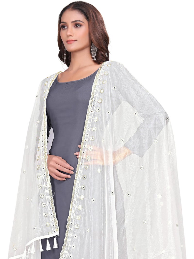 KEMZA Organza Embroidered Dupatta with Mirror & Sequence Work, Tassel Lace Border, Floral Butti Design (White, Free Size) - Image 2