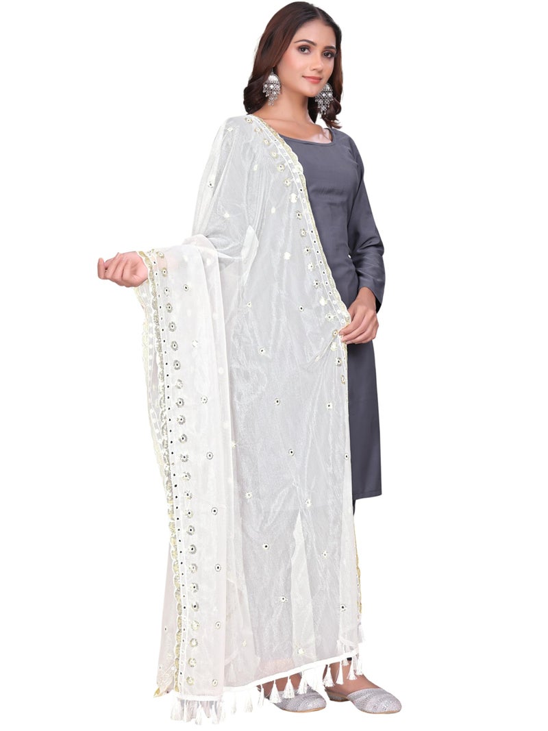 KEMZA Organza Embroidered Dupatta with Mirror & Sequence Work, Tassel Lace Border, Floral Butti Design (White, Free Size) - Image 1