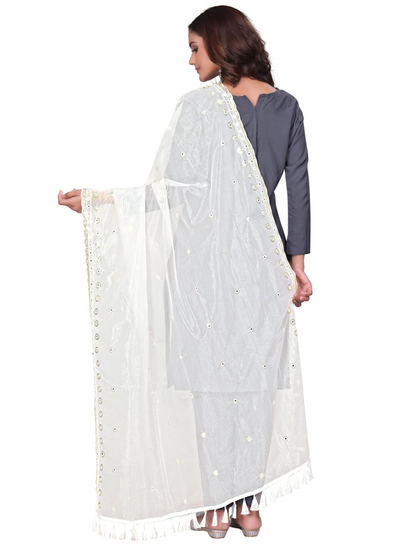 KEMZA Organza Embroidered Dupatta with Mirror & Sequence Work, Tassel Lace Border, Floral Butti Design (White, Free Size) - Image 4