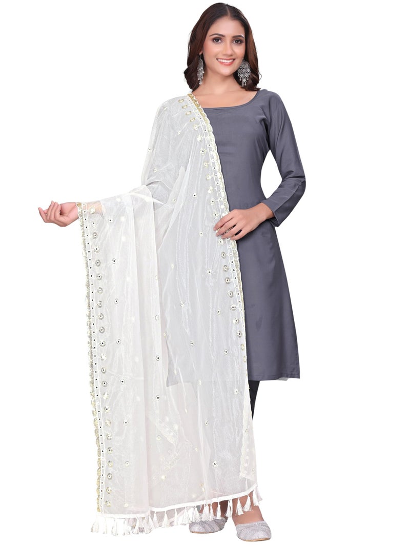 KEMZA Organza Embroidered Dupatta with Mirror & Sequence Work, Tassel Lace Border, Floral Butti Design (White, Free Size) - Image 3