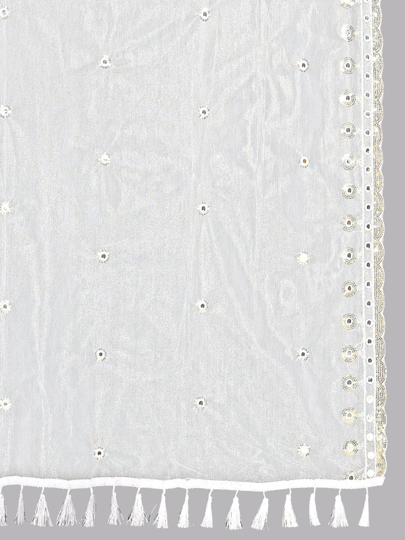 KEMZA Organza Embroidered Dupatta with Mirror & Sequence Work, Tassel Lace Border, Floral Butti Design (White, Free Size) - Image 5