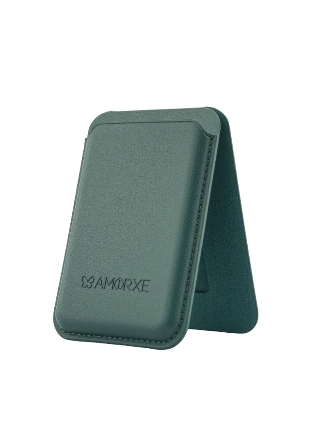 أﻣورﻛس محفظة وحامل بطاقات Amorxe MagSafe مع حامل، مغناطيس N52 قوي، تصميم جلدي نحيف، مشبك زنبركي يحمل 1-3 بطاقات بشكل آمن، متوافق مع سلسلة iPhone 17/16/15/14/13/12 (ليس 12/13 Mini)، أخضر الأرز