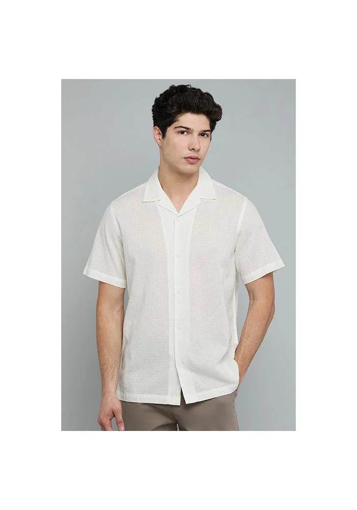 أر أند بي Textured Shirt with Revere Collar and Short Sleeves