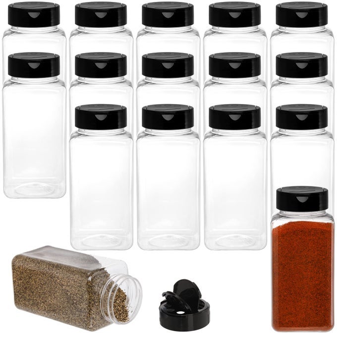 16 PACK 17 FLUID OZ CLEAR PLASTIC SPICE JARS SPICE CONTAINERS SPICE BOTTLES SEASONING ORGANIZER WITH BLACK LIDS