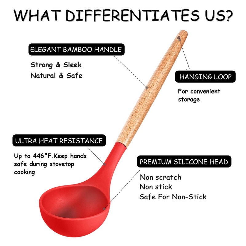 Mibote Silicone Cooking Utensils Kitchen Utensil Set - 446F Heat Resistant Turner Tongs  Spatula  Spoon  Whisk  Wooden Handle Kitchen Gadgets With Holder For Nonstick Cookware Christmas (Red) - Image 5