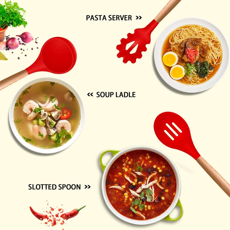 Mibote Silicone Cooking Utensils Kitchen Utensil Set - 446F Heat Resistant Turner Tongs  Spatula  Spoon  Whisk  Wooden Handle Kitchen Gadgets With Holder For Nonstick Cookware Christmas (Red) - Image 2