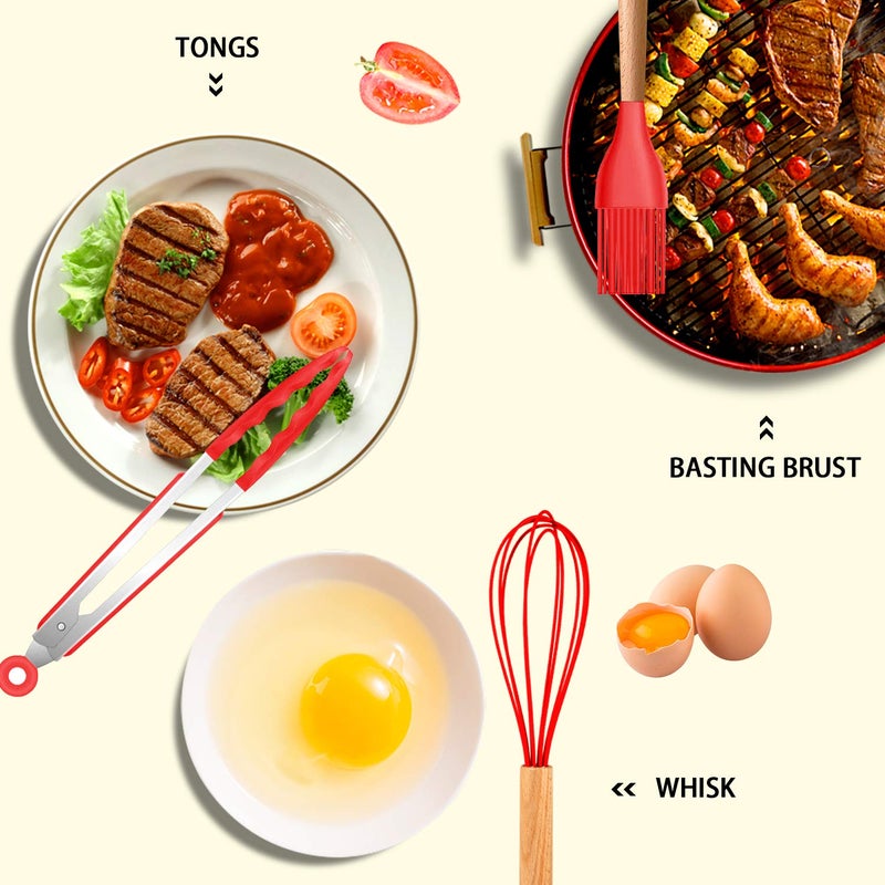Mibote Silicone Cooking Utensils Kitchen Utensil Set - 446F Heat Resistant Turner Tongs  Spatula  Spoon  Whisk  Wooden Handle Kitchen Gadgets With Holder For Nonstick Cookware Christmas (Red) - Image 4