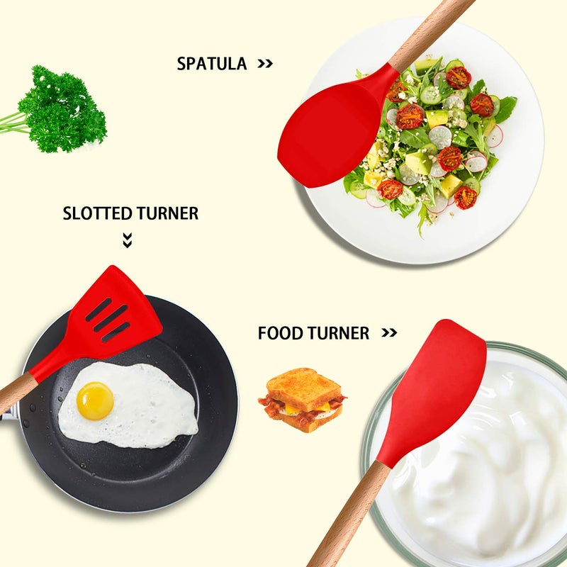 Mibote Silicone Cooking Utensils Kitchen Utensil Set - 446F Heat Resistant Turner Tongs  Spatula  Spoon  Whisk  Wooden Handle Kitchen Gadgets With Holder For Nonstick Cookware Christmas (Red) - Image 3