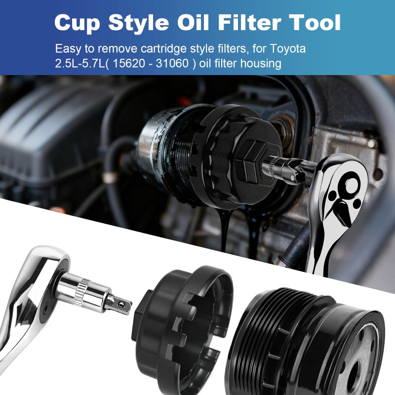 StLiSuYmx Professional 64mm 14 Flute Oil Filter Wrench for Toyota, Heavy Duty Cap Style Oil Filter Removal Tool Socket for Lexus, Camry, 4 Runner, RAV4, Tundra, Tacoma, Highlander and Scion with 2.5-5.7L Engine - Image 4