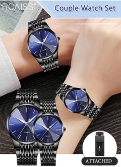 roaiss Alloy Strap Couple Quartz Watch Set, Analog Display Round Dial, Luxurious Luminous Waterproof Calendar Watch Gift for Men Women, Black Blue  - Image 1