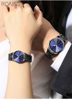 roaiss Alloy Strap Couple Quartz Watch Set, Analog Display Round Dial, Luxurious Luminous Waterproof Calendar Watch Gift for Men Women, Black Blue  - Image 2