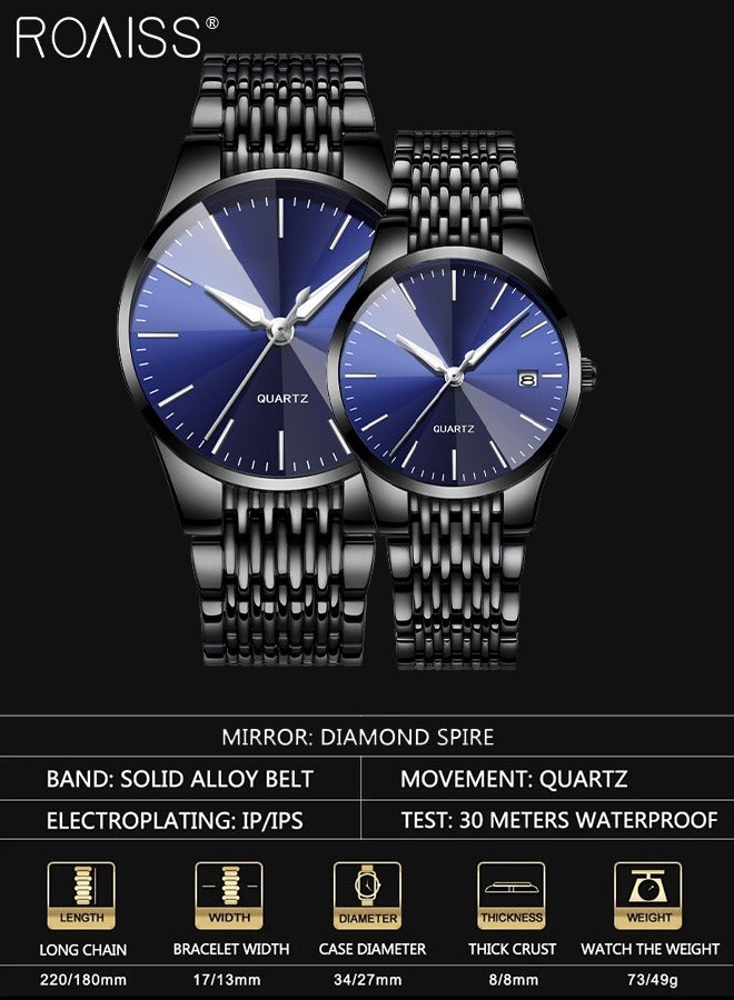 roaiss Alloy Strap Couple Quartz Watch Set, Analog Display Round Dial, Luxurious Luminous Waterproof Calendar Watch Gift for Men Women, Black Blue  - Image 4