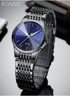 roaiss Alloy Strap Couple Quartz Watch Set, Analog Display Round Dial, Luxurious Luminous Waterproof Calendar Watch Gift for Men Women, Black Blue  - Image 3