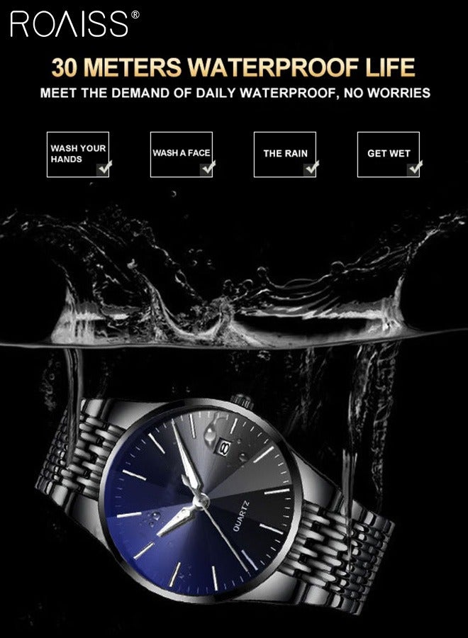 roaiss Alloy Strap Couple Quartz Watch Set, Analog Display Round Dial, Luxurious Luminous Waterproof Calendar Watch Gift for Men Women, Black Blue  - Image 5