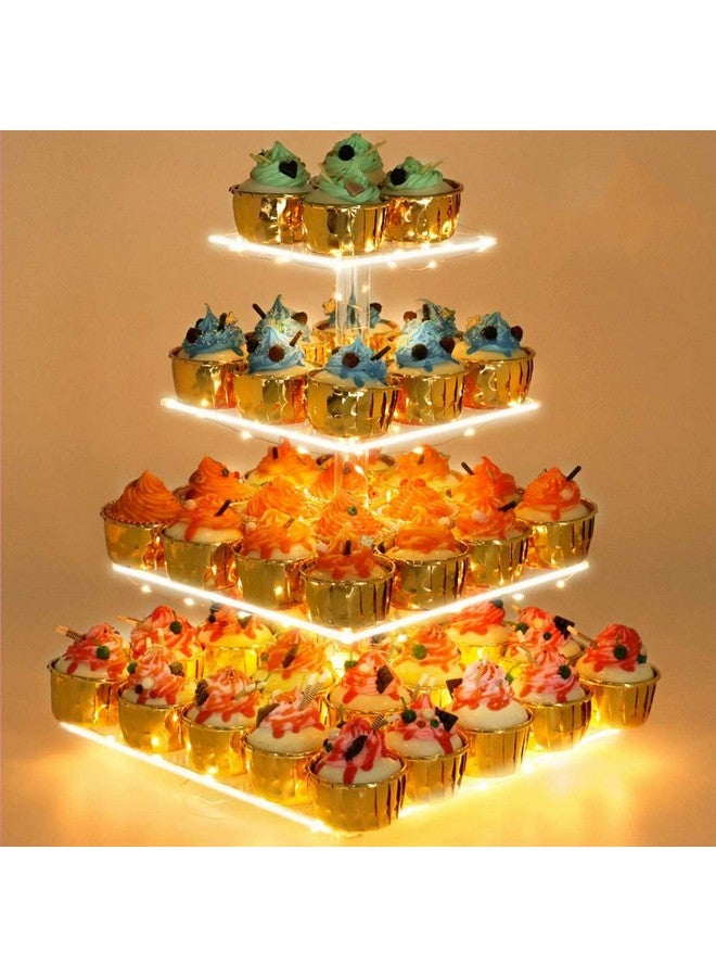 YestBuy 4 Tier Cupcake Stand Acrylic Tower Display with LED Light Premium Holder Dessert Tree Tower for Birthday Cady Bar Décor Weddings, Parties Events (Yellow Light) - Image 1