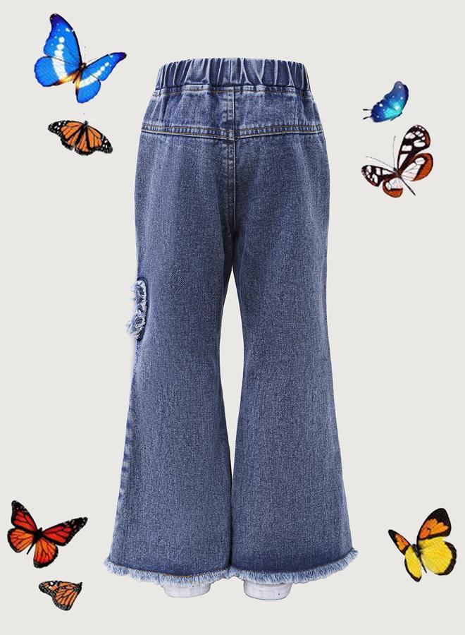 تايك تو جينز واسع بخصر مطاطي بتصميم فراشة مرقع للفتيات - Image 2