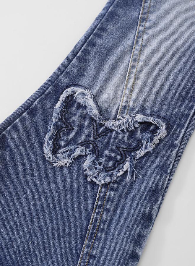 تايك تو جينز واسع بخصر مطاطي بتصميم فراشة مرقع للفتيات - Image 5