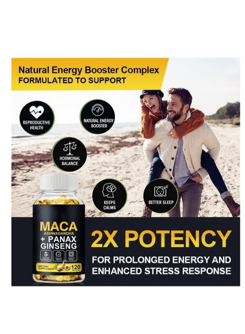 ماكا كبسولات الماكا والأشواغاندا والجنسنج الباناكس | دعم الطاقة العشبي الثلاثي لزيادة القدرة والحيوية والأداء - 120 كبسولة - Image 2