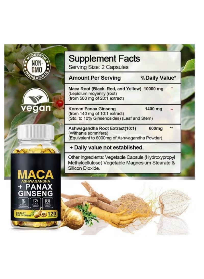 ماكا كبسولات الماكا والأشواغاندا والجنسنج الباناكس | دعم الطاقة العشبي الثلاثي لزيادة القدرة والحيوية والأداء - 120 كبسولة - Image 3