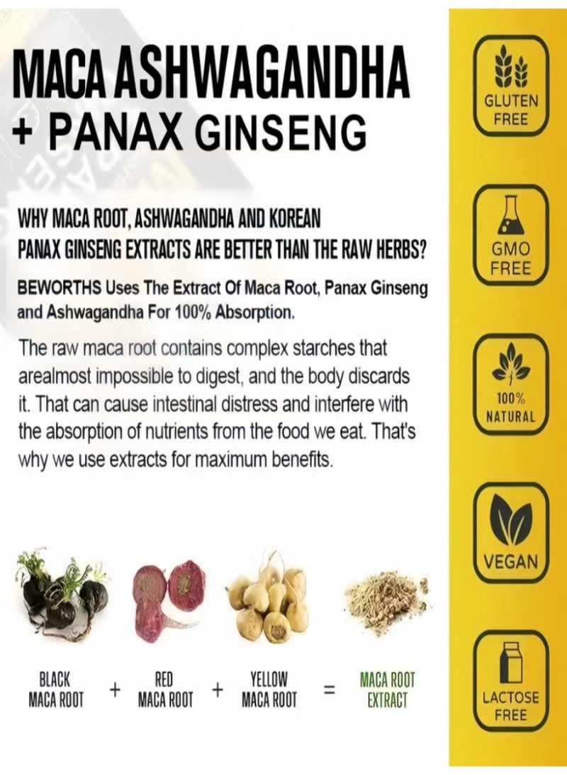 ماكا كبسولات الماكا والأشواغاندا والجنسنج الباناكس | دعم الطاقة العشبي الثلاثي لزيادة القدرة والحيوية والأداء - 120 كبسولة - Image 4