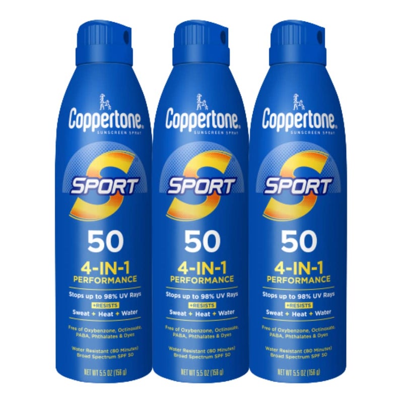 Coppertone Sport Sunscreen Spray SPF 50, Sweat, Heat and Water Resistant Sunblock, Lightweight, Oxybenzone Free, Spray Sunscreen Bulk Pack, 5.5 Oz Bottle, Pack of 3 (Packaging May Vary) - Image 1