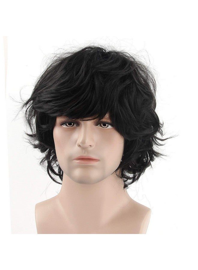 Acecharming Men Black Wig, Short Wavy Shaggy Style Layered Wig for Halloween Costumes Cosplay with Wig Cap - Image 3