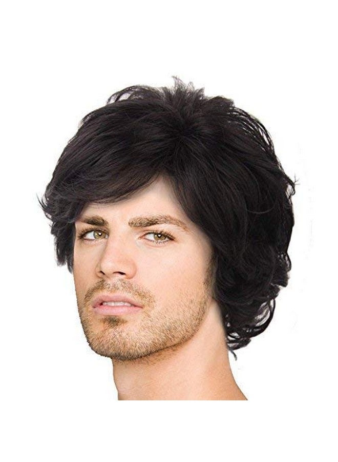 Acecharming Men Black Wig, Short Wavy Shaggy Style Layered Wig for Halloween Costumes Cosplay with Wig Cap - Image 1