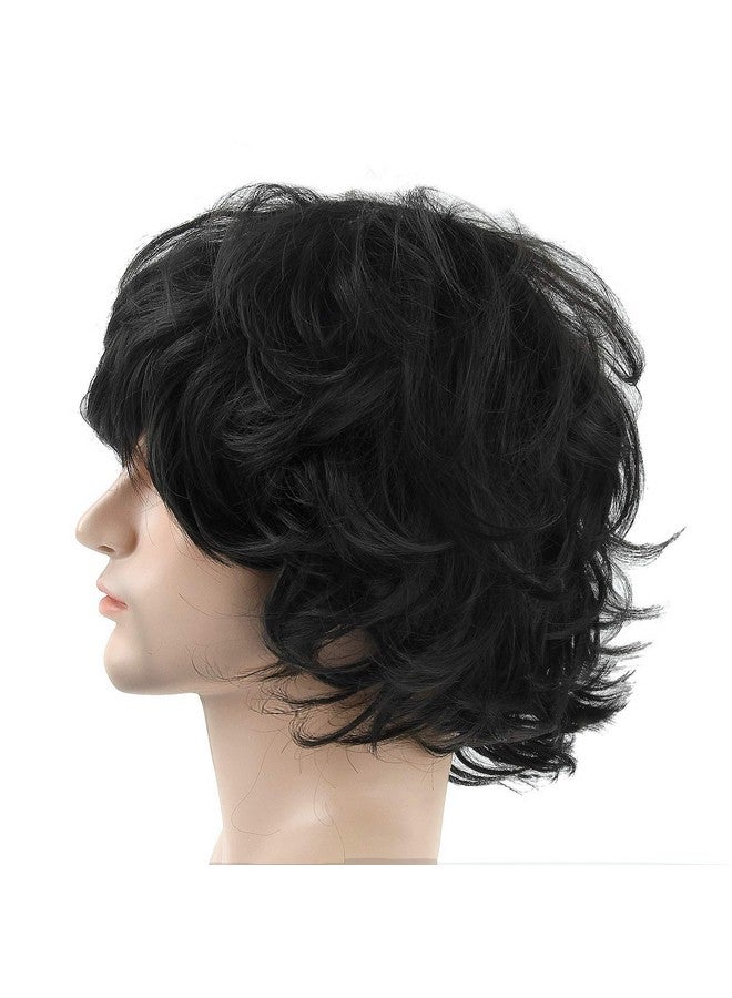Acecharming Men Black Wig, Short Wavy Shaggy Style Layered Wig for Halloween Costumes Cosplay with Wig Cap - Image 5