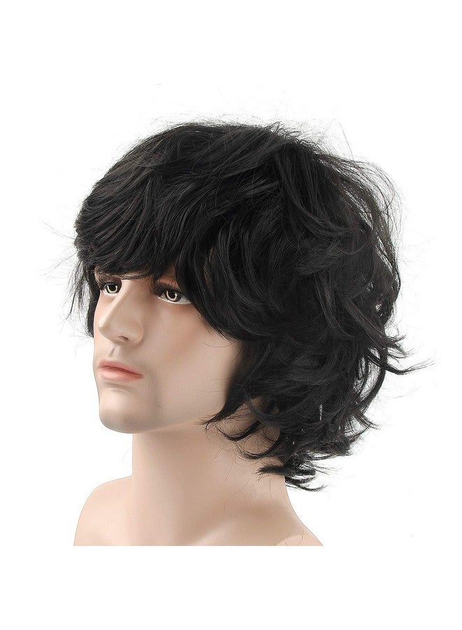 Acecharming Men Black Wig, Short Wavy Shaggy Style Layered Wig for Halloween Costumes Cosplay with Wig Cap - Image 4