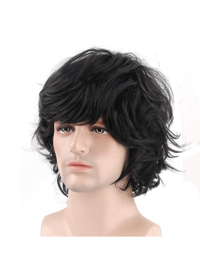 Acecharming Men Black Wig, Short Wavy Shaggy Style Layered Wig for Halloween Costumes Cosplay with Wig Cap - Image 2