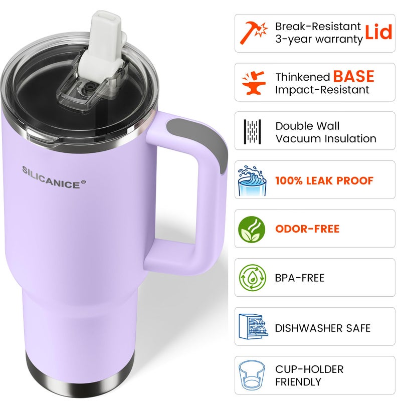 SILICANICE 40oz Insulated Tumbler with Handle, Leakproof Lid with Removable Spout and Straw, Double Wall Stainless Steel, Cup Holder Friendly, Travel/Gym/Office/Home - Lilac - Image 5