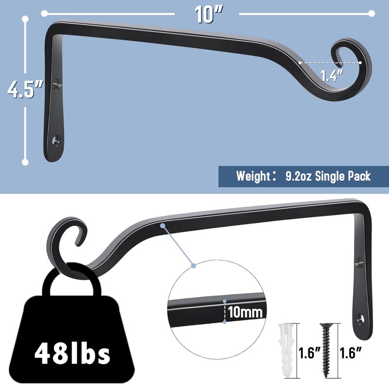 FEED GARDEN Wall Hook Hanging Plant Bracket 10 Inch 2 Pack, Hand-Forged Plant Hanger for Hanging Bird Feeders, Wind Chimes, Flower Baskets, Yoga Mat, Indoor/Outdoor Use, Black - Image 2