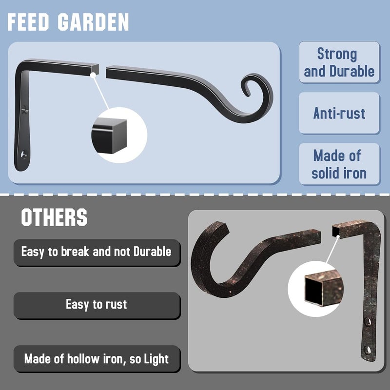 FEED GARDEN Wall Hook Hanging Plant Bracket 10 Inch 2 Pack, Hand-Forged Plant Hanger for Hanging Bird Feeders, Wind Chimes, Flower Baskets, Yoga Mat, Indoor/Outdoor Use, Black - Image 4