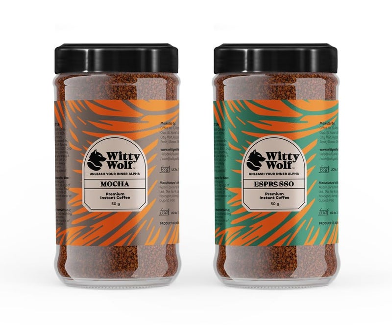 Witty Wolf Premium Mocha & Espresso Instant Flavored Coffee Combo (50gm + 50gm) | Espresso, Latte & Cappuccino | Hot & Cold Coffee (Pack of 2) - Image 1