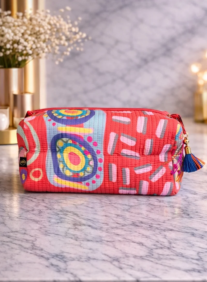 Tohfa Luxe Tohfa Luxe Color Block Handmade Block Printed Cotton Pouch – Large Waterproof Cosmetic & Toiletry Travel Organizer Bag (25 × 12 × 12 cm)