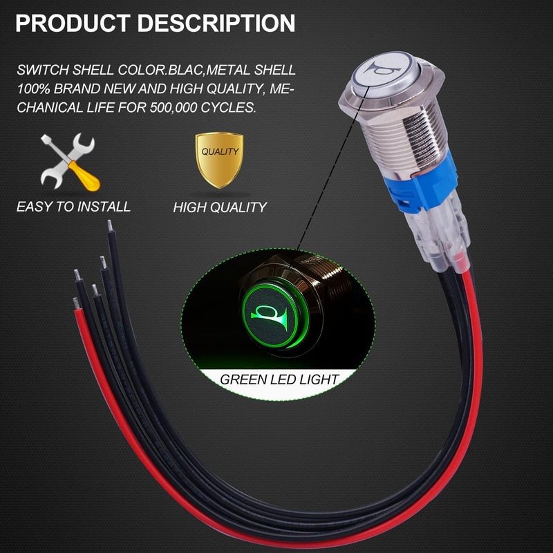 Twidec /16MM Raised Speaker Horn Momentary Push Button Switch 5/8" Mounting Hole 12V Green Led Light Silver Stainless Steel Shell 1NO 1NC SPDT with Pre-Wiring Wires Switch for Car Modification G16LB-G - Image 5