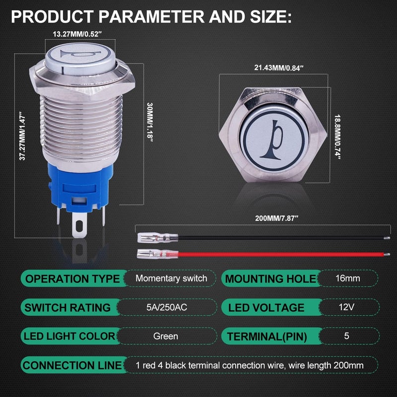 Twidec /16MM Raised Speaker Horn Momentary Push Button Switch 5/8" Mounting Hole 12V Green Led Light Silver Stainless Steel Shell 1NO 1NC SPDT with Pre-Wiring Wires Switch for Car Modification G16LB-G - Image 4