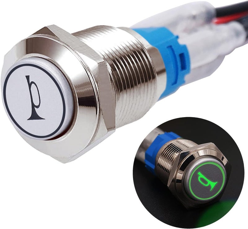 Twidec /16MM Raised Speaker Horn Momentary Push Button Switch 5/8" Mounting Hole 12V Green Led Light Silver Stainless Steel Shell 1NO 1NC SPDT with Pre-Wiring Wires Switch for Car Modification G16LB-G - Image 1