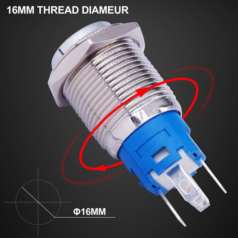 Twidec /16MM Raised Speaker Horn Momentary Push Button Switch 5/8" Mounting Hole 12V Green Led Light Silver Stainless Steel Shell 1NO 1NC SPDT with Pre-Wiring Wires Switch for Car Modification G16LB-G - Image 3