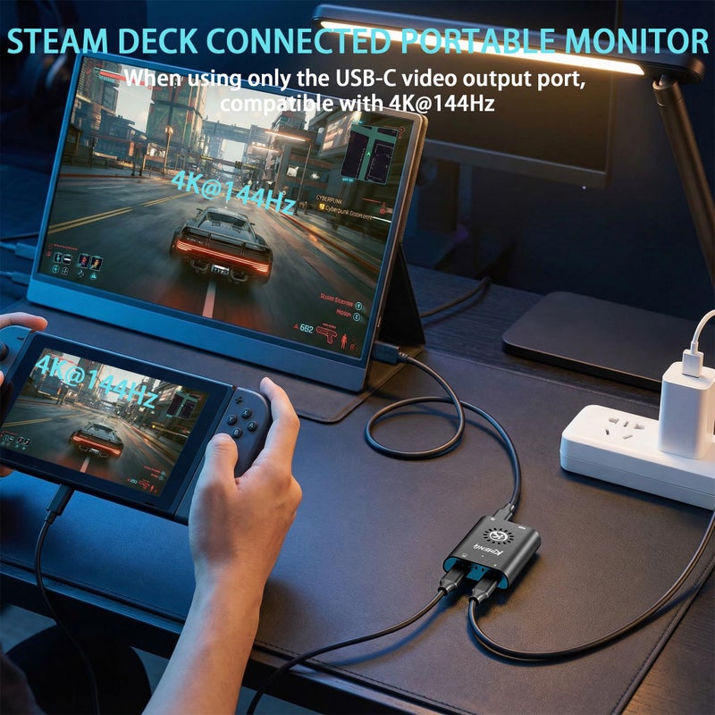 KIHENG USB C to HDMI and USB C Dual-Display Adapter Power to Xreal/Viture/RayNeo AR Glasses or HDMI/Type C Monitors While Charging for Steam Deck, ROG Ally, Switch, Compatible 4K 144Hz|Built-in Cooling Fan - Image 2